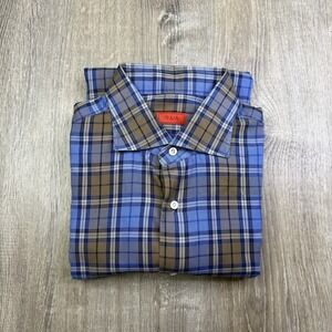 ISAIA Plaid Cutaway Collar Shirt Italy Cotton Blue Brown Men's Size 16.5 42